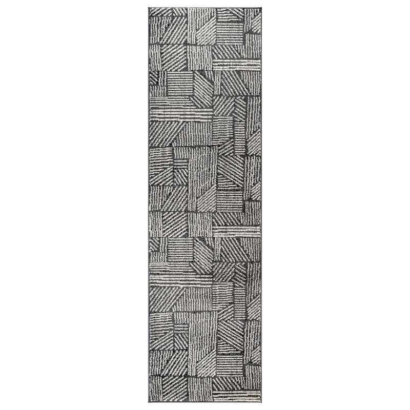 Tapis géométrique noir / ivoire Rambo, Grey, Tapis de couloir de 2 pi x 7 pi
