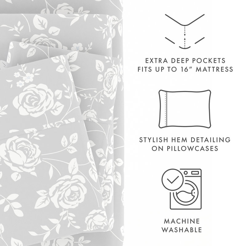 Twin Light Gray Rose Print Cotton Microfiber Sheet Set