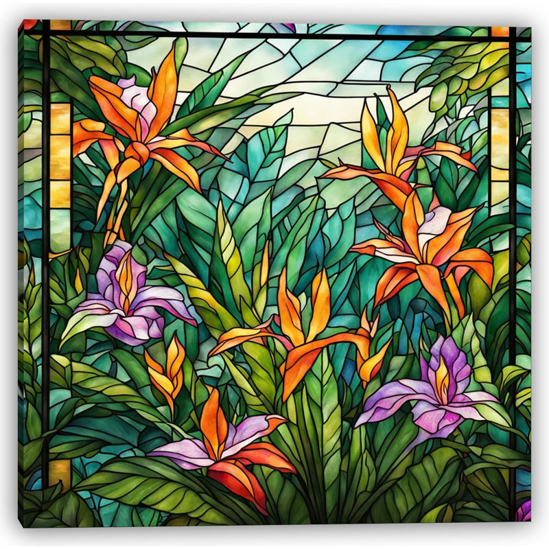 Jardin tropical en vitrail - Toile tendue murale A, H 12 po x l 12 po