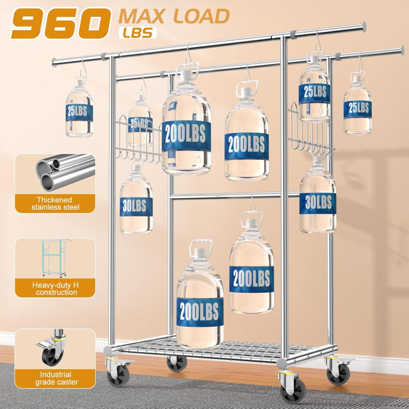 Heavy Duty Stainless Steel Rolling Garment Rack with Shelves and Hooks