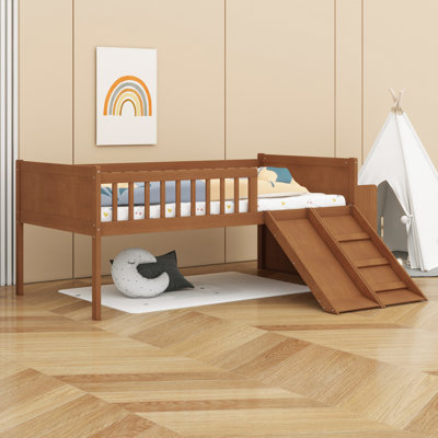 Children Platform Bed with Guardrail, Slide & Storage Shelves