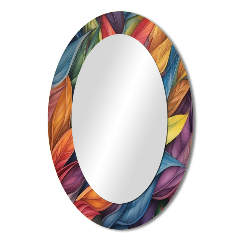 Vintage Rainbow Pastel Leaves Boho Watercolor II - Modern Oval Wall Mirror, 36" x 24"