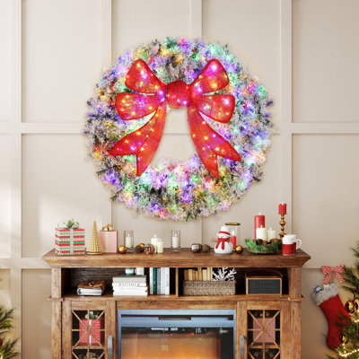 48in Flocked Pre-Lit Artificial Christmas Wreath with 3D Red Bow, 11 Lighting Modes, Front Door Christmas Wreath with Remote, 200 LED Lights, 702 Tips for Indoor Outdoor Holiday Decoration