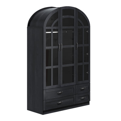 Armoire arquée en bois H 77,8 po avec lumière à détecteur de mouvement, portes vitrées et 4 tiroirs, armoire de rangement pour chambre à coucher avec porte-vêtements