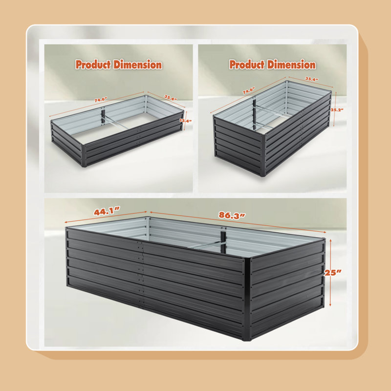 Outdoor Metal Raised Beds for Vegetables & Flowers - Reinforced Galvanized Steel, Rustproof, 13.42" H x 74.62" W x 35.42" D