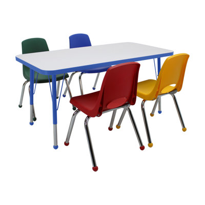 24" x 48" Rectangle Dry-Erase Activity Table with Standard Legs and 14" Stack Chairs with Ball Glides, 5-Piece Set - Whiteboard/Blue/Assorted