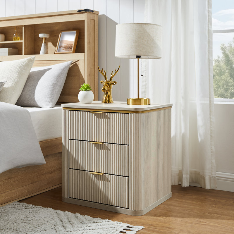 24" Fluted Nightstand With 3 Drawers, Mid Century Modern Wood Night Stand With Metal Handle, White Alder