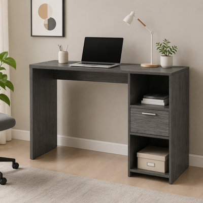 Computer Desk with 1-Drawer and 2-Open Storage Shelves, Smokey Oak