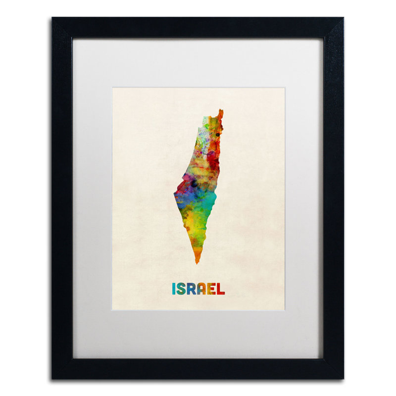 « israël aquarelle map » par michael tompsett, impression encadrée, Blanc, H 20 po x l 16 po