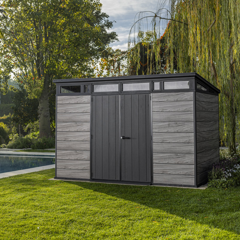 Keter Signature Collection 11x7 ft. Durable Resin Outdoor Storage Shed With Floor and Double Doors for Garden Patio Furniture and Tools, Storm Grey