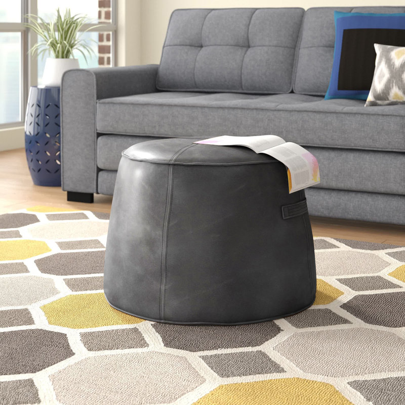 Laurenn Faux Leather Pouf - Grey, Gray Faux Leather