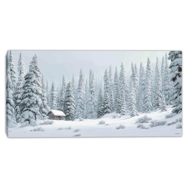 Art mural sur toile Cozy Cabin parmi les pins enneigés, H 27,5 po x l 55 po