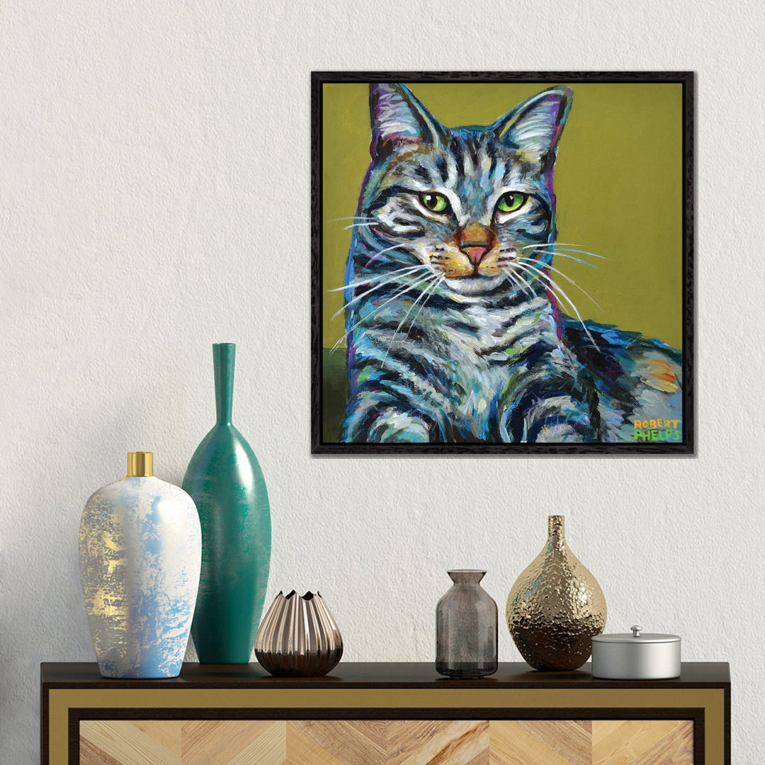 Gestreifte Tabby auf Grün von Robert Phelps - Galerie-verpackte Leinwand Giclée auf Leinwand