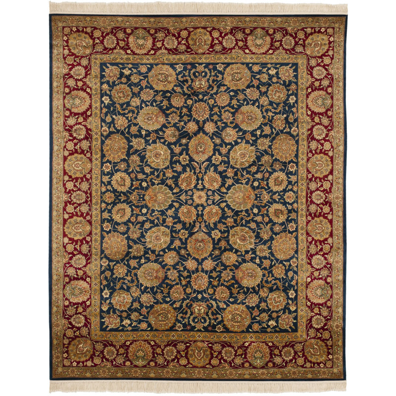 Elegant Kerman Blue and Red Hand-Knotted Wool Round Rug