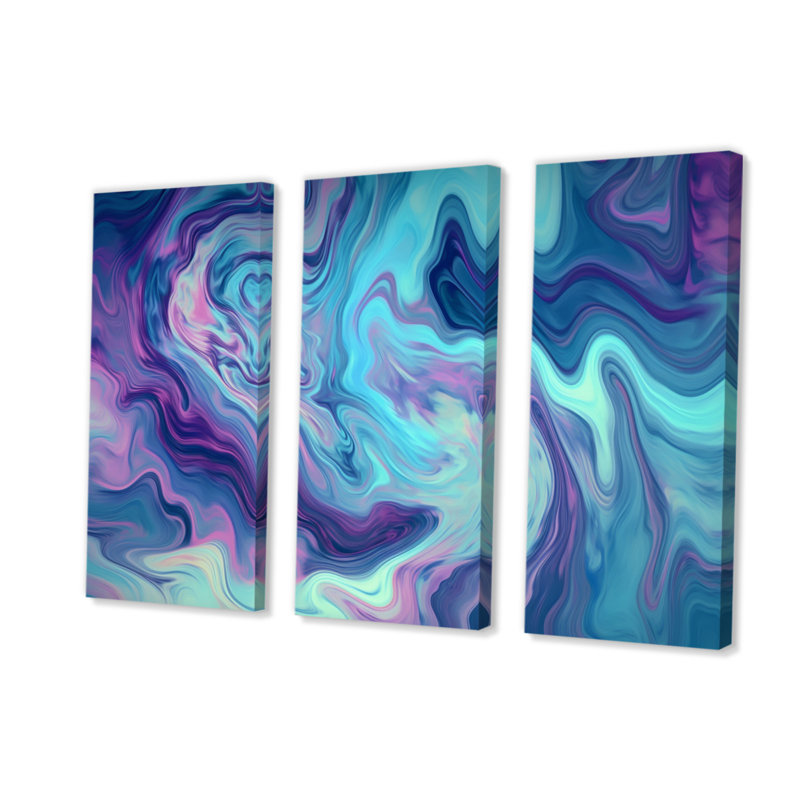 Turquoise mauve marbré Fusion I - 3 pièces sur toile tendue, H 28 po x l 36 po x P 1 po