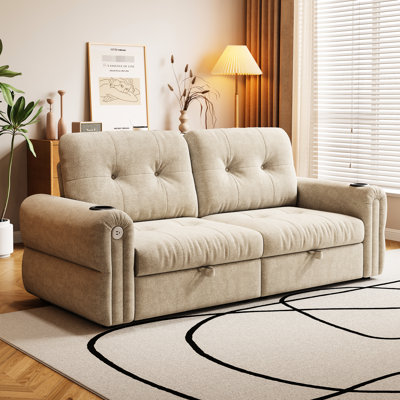 Lit multifonctionnel 2 en 1 de 77 pouces pour chambre à coucher, salon, appartement et dortoir, construction en flanelle, rembourrage en mousse, structure en acier, charge de 600 livres, fonctionnement simple, beige, lit au design minimaliste,