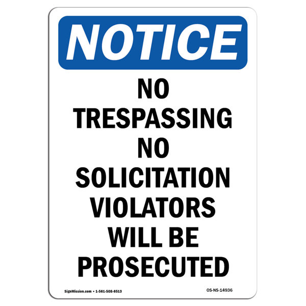 SignMission Notice - No Trespassing No Solicitation Sign | Wayfair