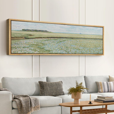 «Rustic Countryside Pastoral Flower Field Landscape Serene Blue Blossoms», reproduction d'art sur toile