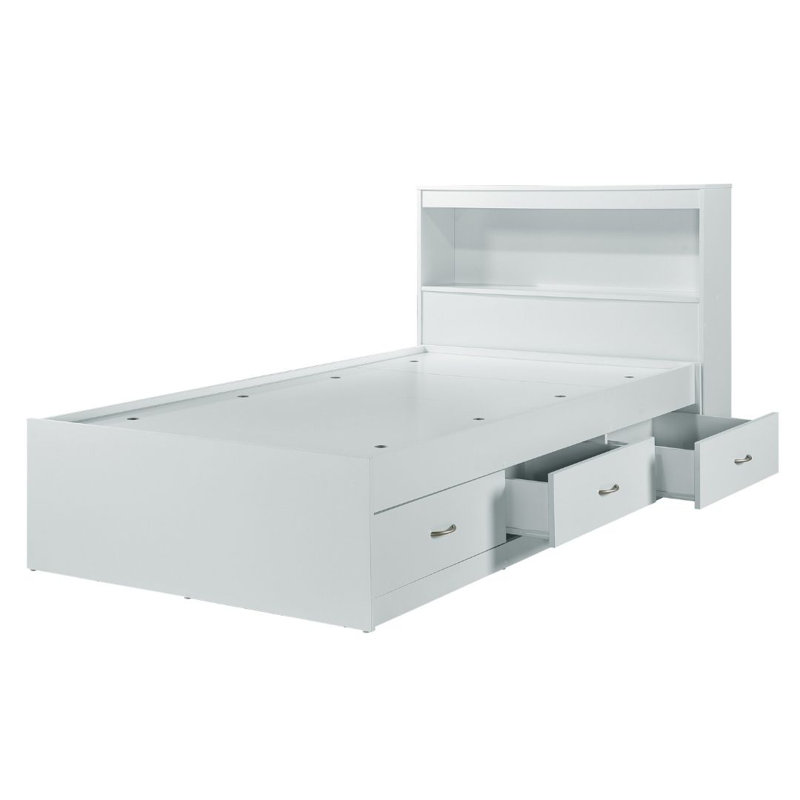 Twin-Size Storage Platform Bed with Bookcase Headboard and 3-Drawers for Clothing, , White