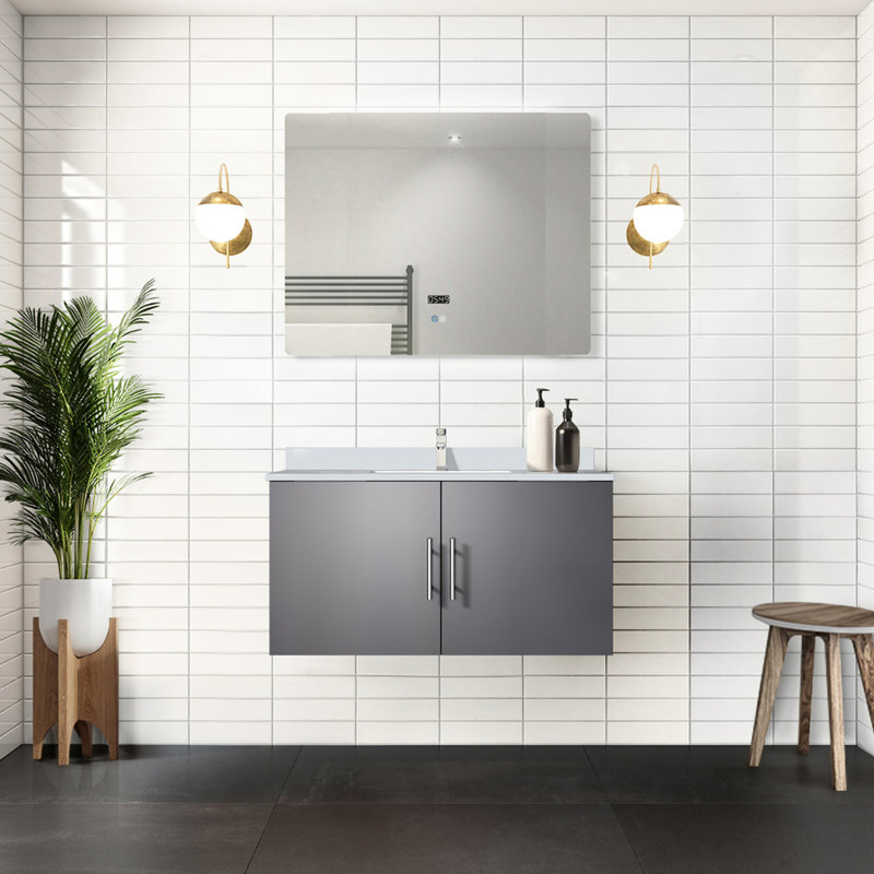 Meuble-lavabo gris foncé avec comptoir en quartz Miroir - Vaste capacité de rangement dans la surface du compartiment à DEL
