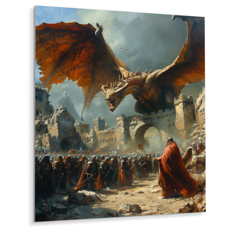 Impression épique «Bataille épique entre les dragons et les soldats IV» - Dragons, Métal métal, H 32 po x l 16 po x P 1 po