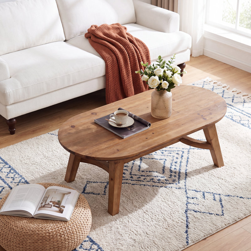 Solid Wood Coffee Table, 47.24-Inch Farmhouse Oval Center Table with Sturdy Base & Rounded Corners for Living Room and Office, Brown