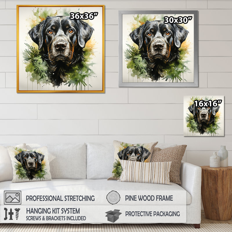 Tropical Labardor Dog Portrait - Art mural chien, Cadre flottant noir, 36" H x 36" W