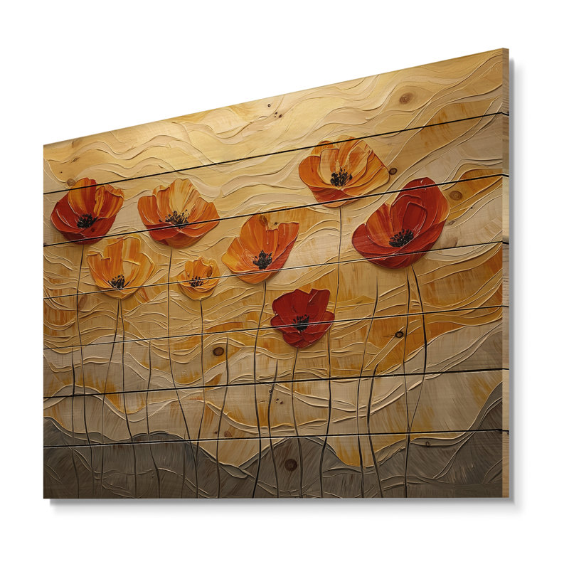 Coucher de soleil sur les vagues de coquelicots II - impression sur bois de coquelicots - sur bois de pin naturel