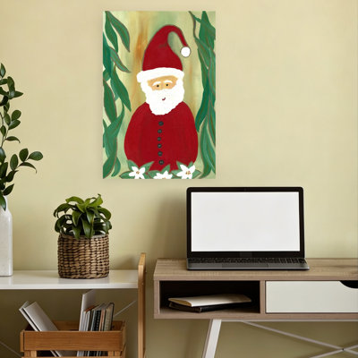 Festive Santa Folk Art Traditional Abstract Winter Flower Wall Art Print by Janine Brewster - Wrapped Canvas Print
