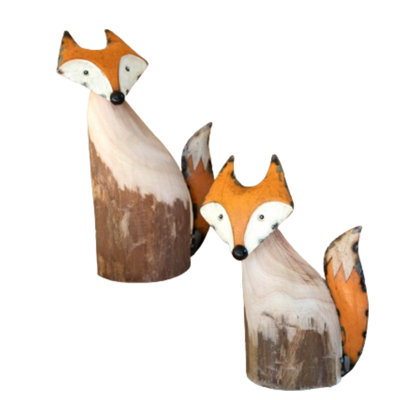  Handmade Wood and Iron Fox Figurines – 12" Tall Eco Art Set of 2