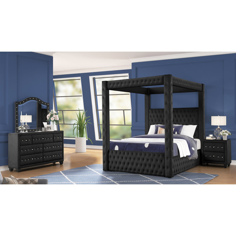 Janeece Upholstered Canopy 4 Piece Bedroom Set, King, Black