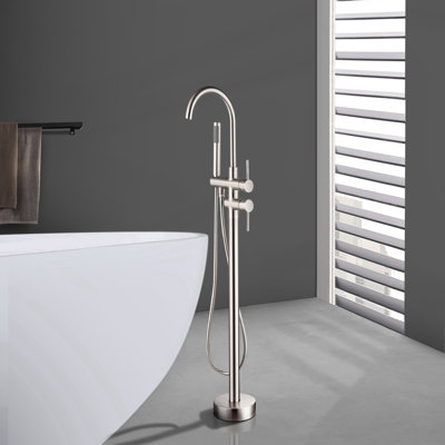 Robinet de baignoire autoportante 45 "à 2 poignées avec douchette en titane 45 5/8 po