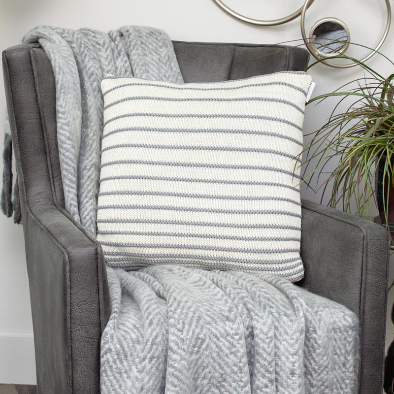 Tan and Gray Striped Cotton Square Pillow with Poly Insert