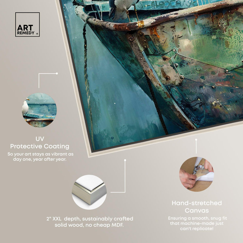 Seagull and Boat Coastal Canvas Art with Silver Frame