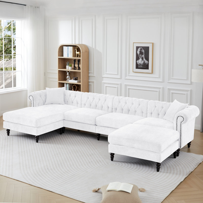 135.8" Wide Left Hand Facing Sofa & Chaise With Ottoman, White Linen