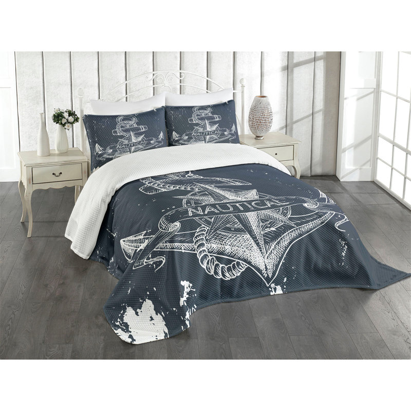 Nautical Knot Anchor Compass Queen Bedspread Set in White
