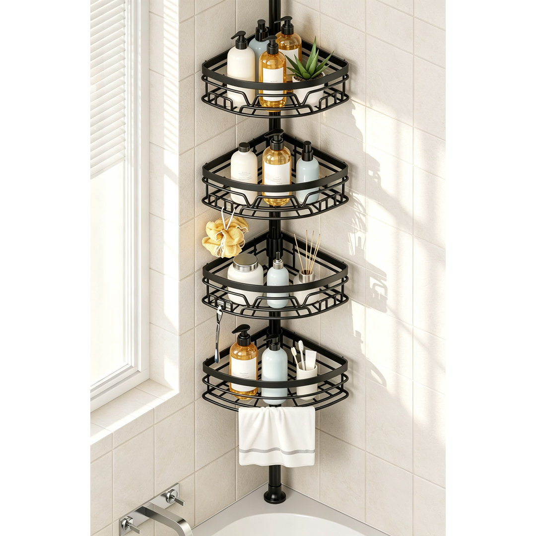 Black 4-Tier Telescopic Corner Shower Rack with Hooks