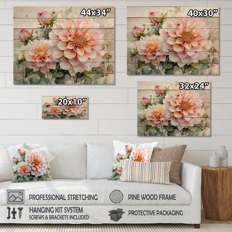 Dahlia moderne Muse de printemps I - art mural en bois Dahlia - sur bois de pin naturel, H 34 po x l 44 po x P 0,78 po