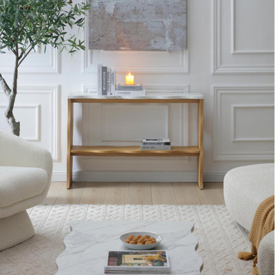 Console moderne 47,24 po Whisper Of Waves avec plateau en marbre blanc, canapé en placage de bois massif avec tablette de rangement ouverte, table d'entrée pour le salon, bois naturel