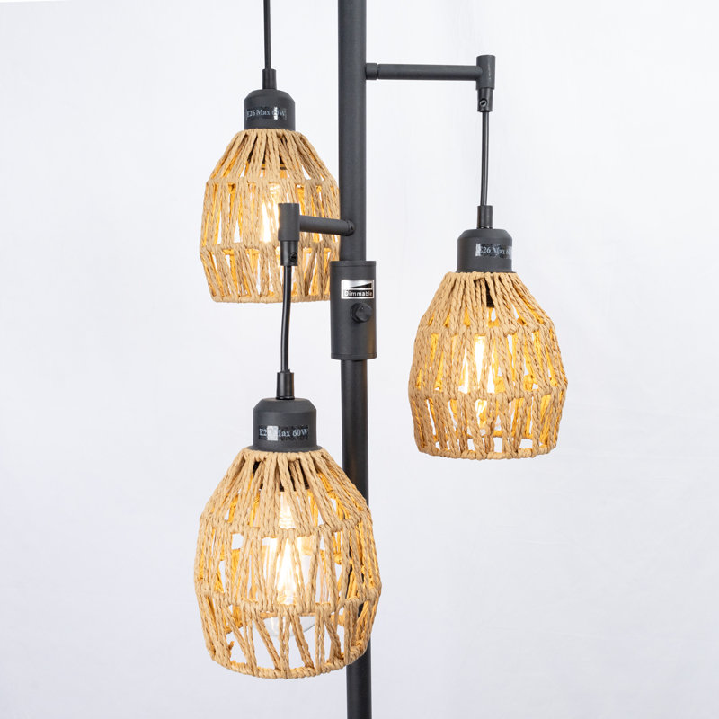 Farmhouse Boho Rattan Floor Lamp - 70'' Dimmable Standing Lamp with Handmade Rattan Cage Shade