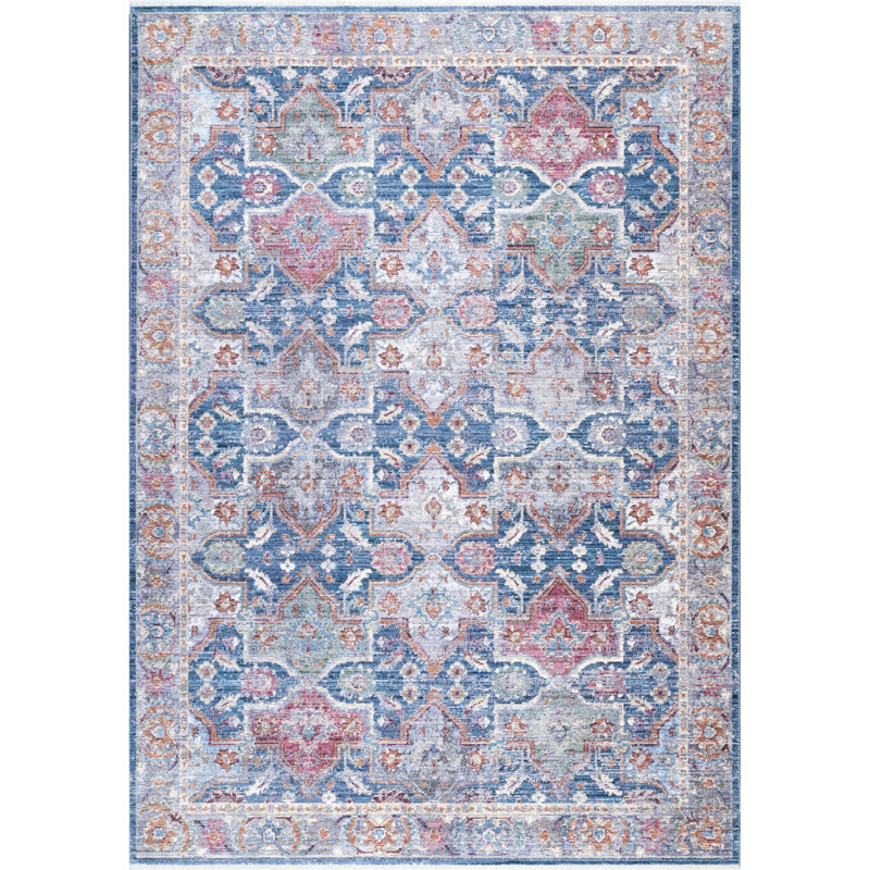 Tapis bleu / gris / rouge Lininger, Rectangle 5 pi 3 po x 7 pi 7 po