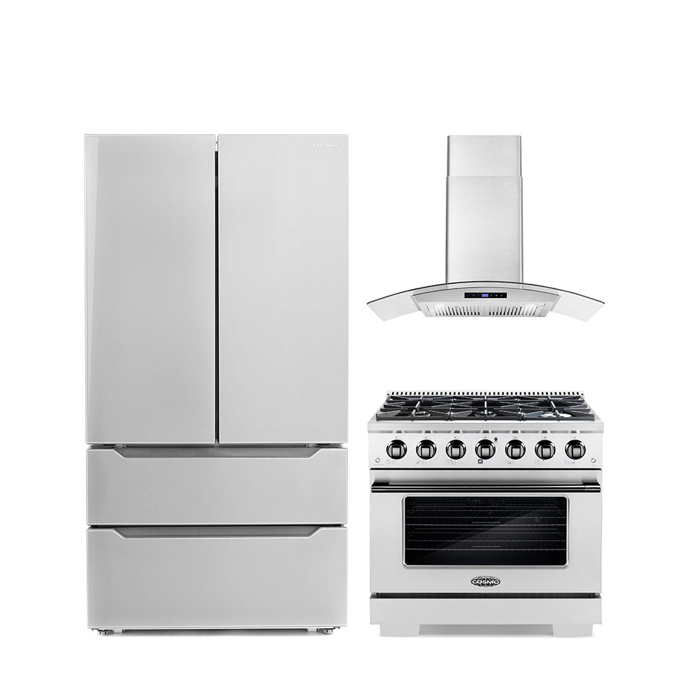 Cosmo 3 Piece Kitchen Appliance Package with French Door Refrigerator , 36'' Gas Freestanding Range , and Wall Mount Range Hood Cosmo 