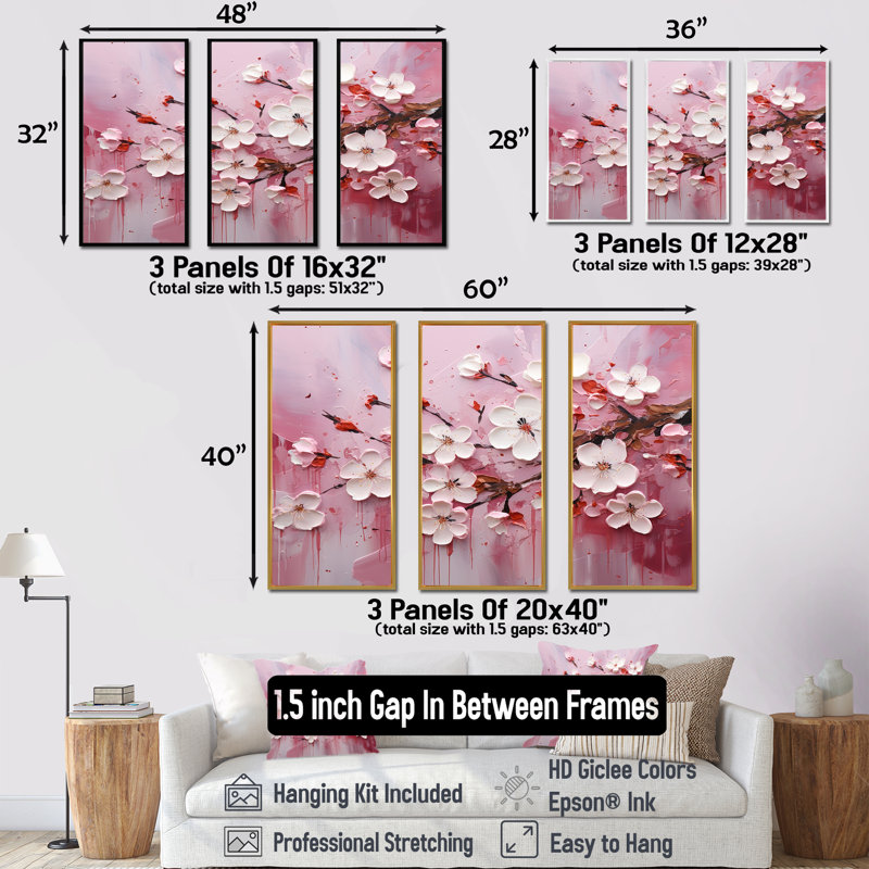 Cerisier blanc et rose Bloom II - art mural cerise, H 28 po x l 36 po x P 1 po, Cadre flottant blanc