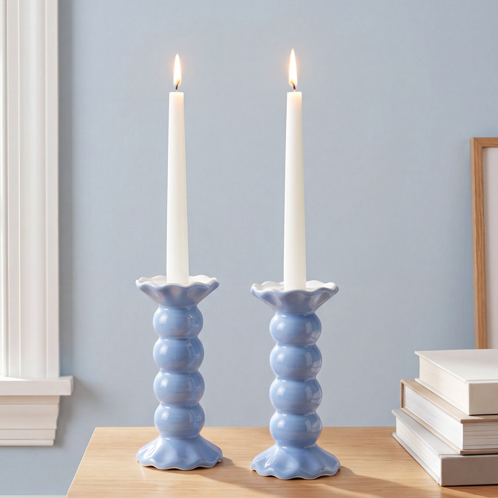 Iris Blue Ruffle Candlestick Holder, 7.75" H x 4" W x 4" D