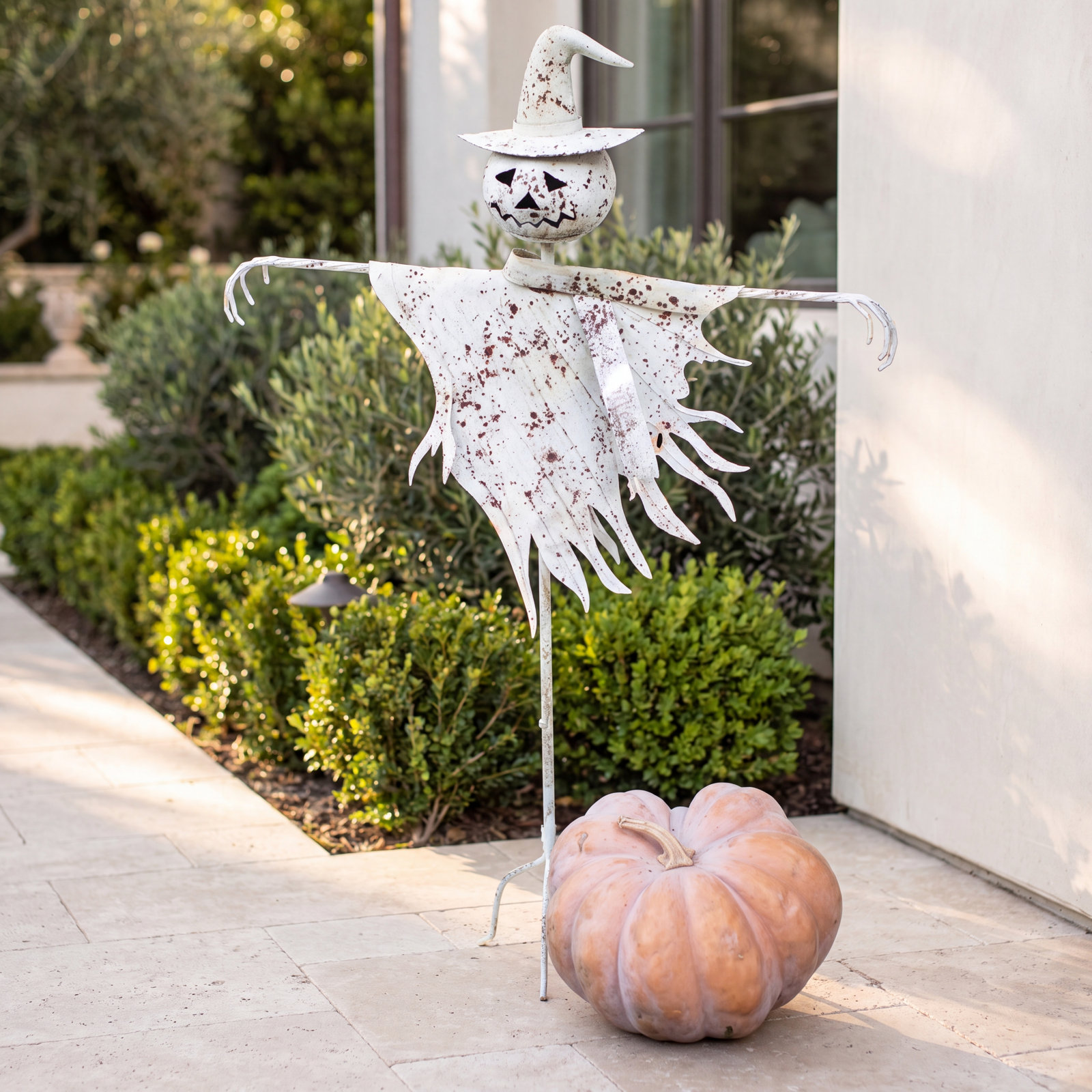Rustic White Metal Scarecrow Yard Stake