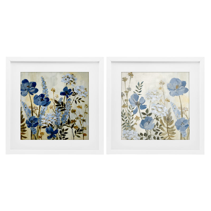 "Blue Peaceful Garden", ensemble de 2 reproductions encadrées sous verre, design par Lanie Loreth, Cadre blanc côtier