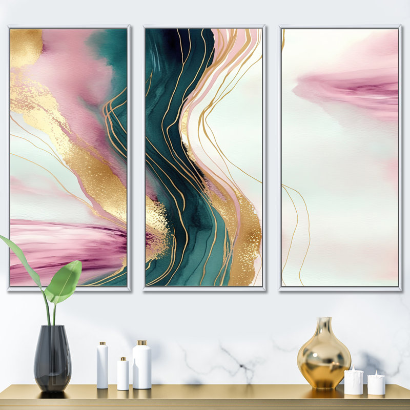 Géode abstraite, marbre rose et vert III, reproduction sur toile 3 pièces, H 28 po x l 36 po x P 1 po, Cadre flottant blanc
