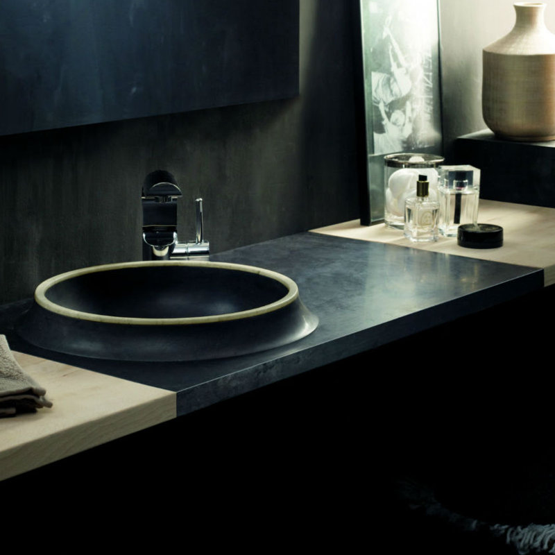 Lavabo de salle de bain circulaire encastré en pierre, Noir