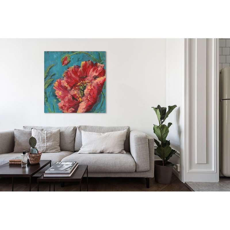 «Red Poppy On Teal II», toile tendue par Winston Porter, H 48 po x l 48 po x P 1,5 po