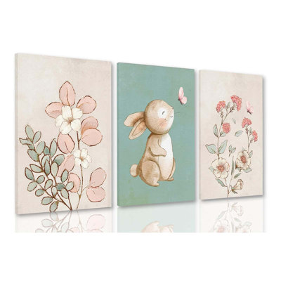 Ensemble de 3 reproductions d'art encadrées pour chambre de bébé, fleurs roses, photos de lapin vert, impressions sur toile d'animaux mignons pour chambre d'enfant filles et garçons, décoration de chambre de bébé 16 x 24 pouces